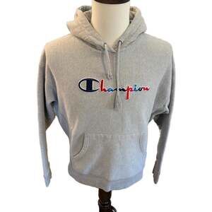 Champion Reverse Weave Chenille Script Logo Hoodie Oxford Gray Youth XL